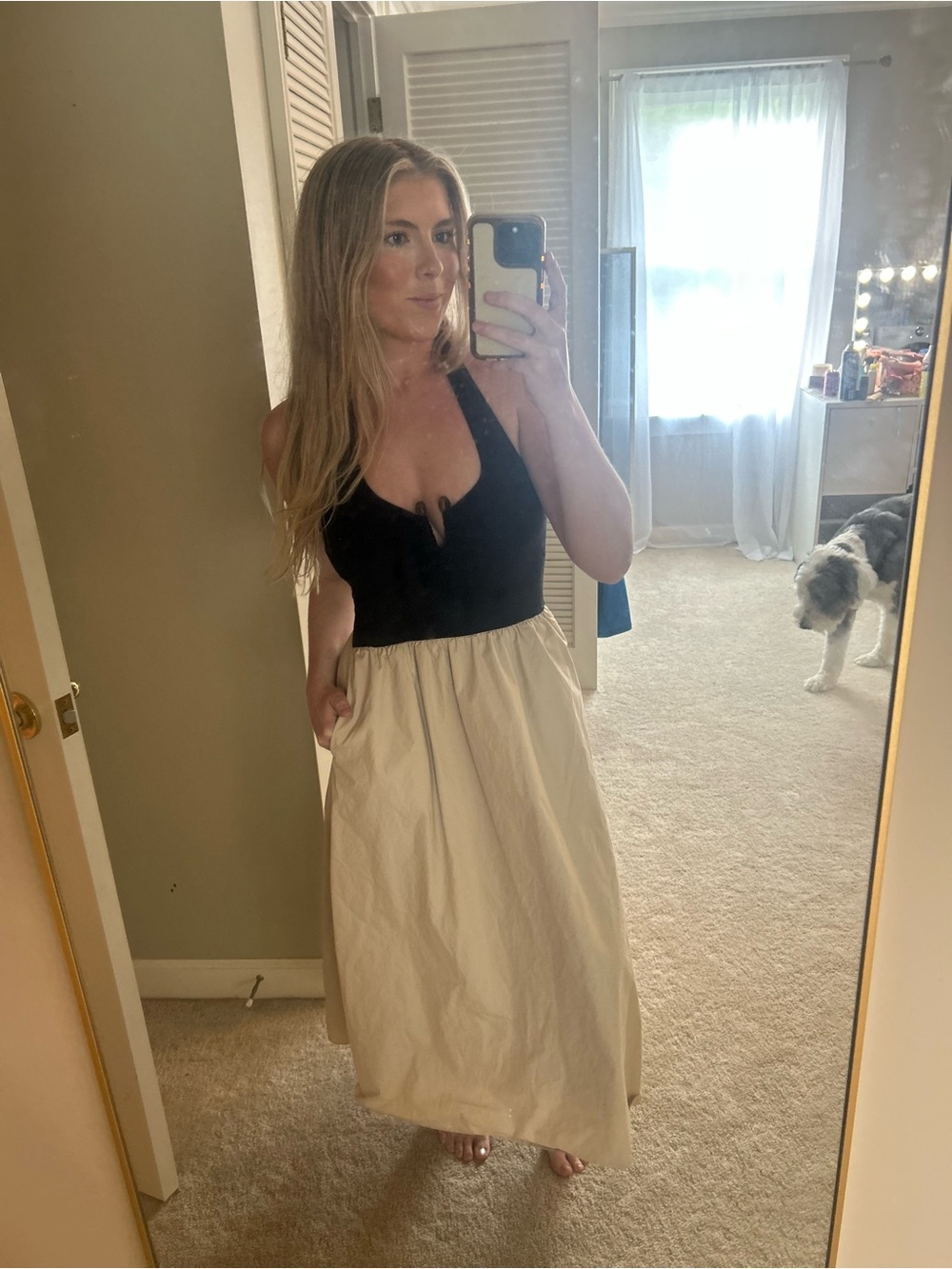 Sincerely Jules Two-Tone Maxi Dress in Black and Beige